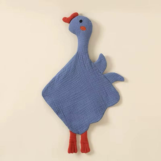 A blue organic cotton goose muslin security blanket